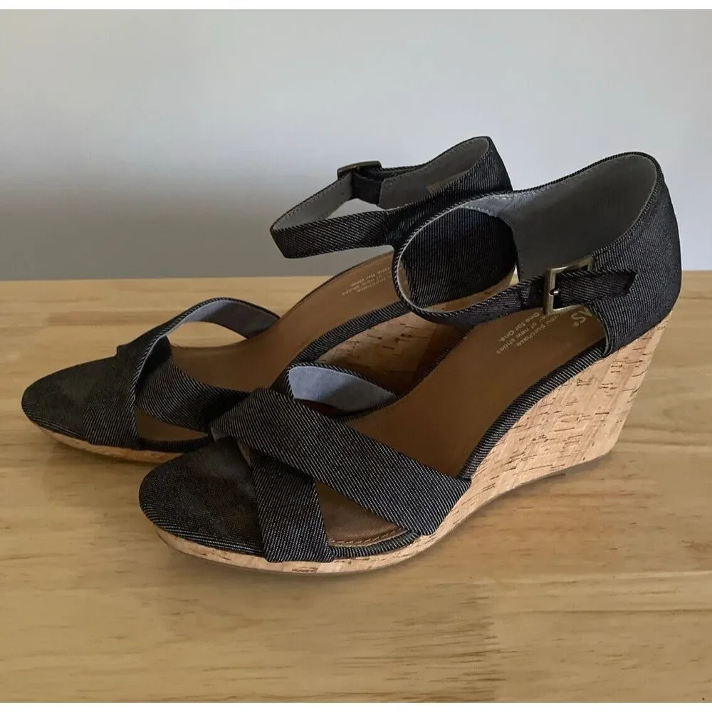 TOMS‎ Wedge Heel Cork/Fabric Buckle Strap Womens Blue Sandals Shoes Size W 10